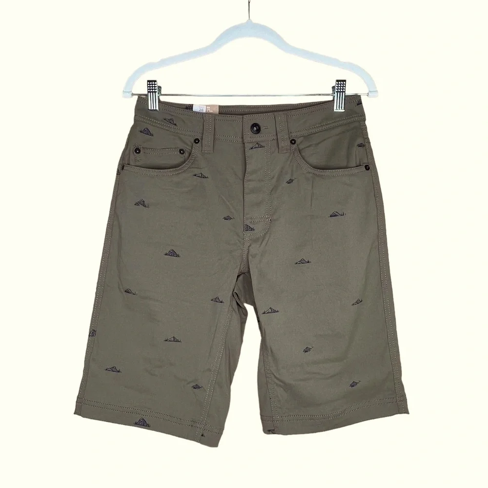 Prana Men’s Brion Olive Green Nylon Shorts With Mountain Print Size 28 X…